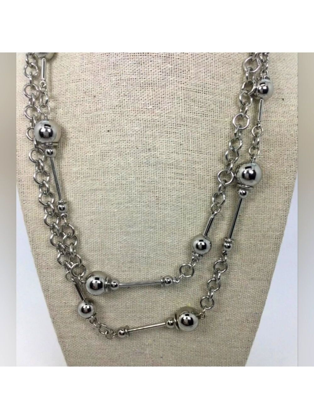 Chico's Silvertone Long Beaded Chain Necklace 40"